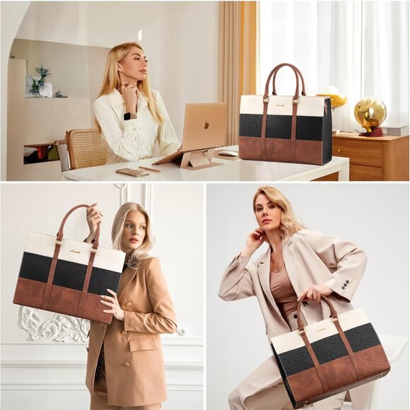 Vintage Leather 15.6 Inch White and Blue Women's Laptop Tote Bag with Clutch, Wa - Picture 8 of 8